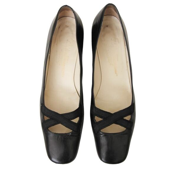 Salvatore Ferragamo Black Leather Elastic Crisscross Square Toe Pumps - Picture 4 of 9